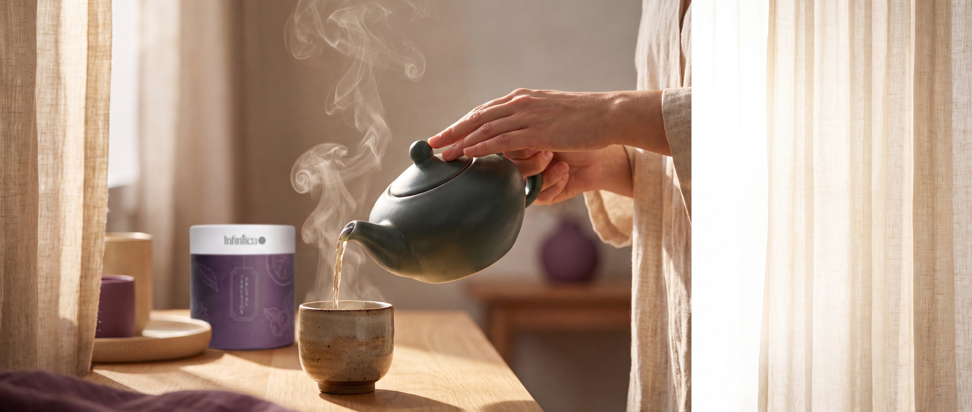 Ritual de té Infinitea — tetera verde sirviendo té, máxima definición