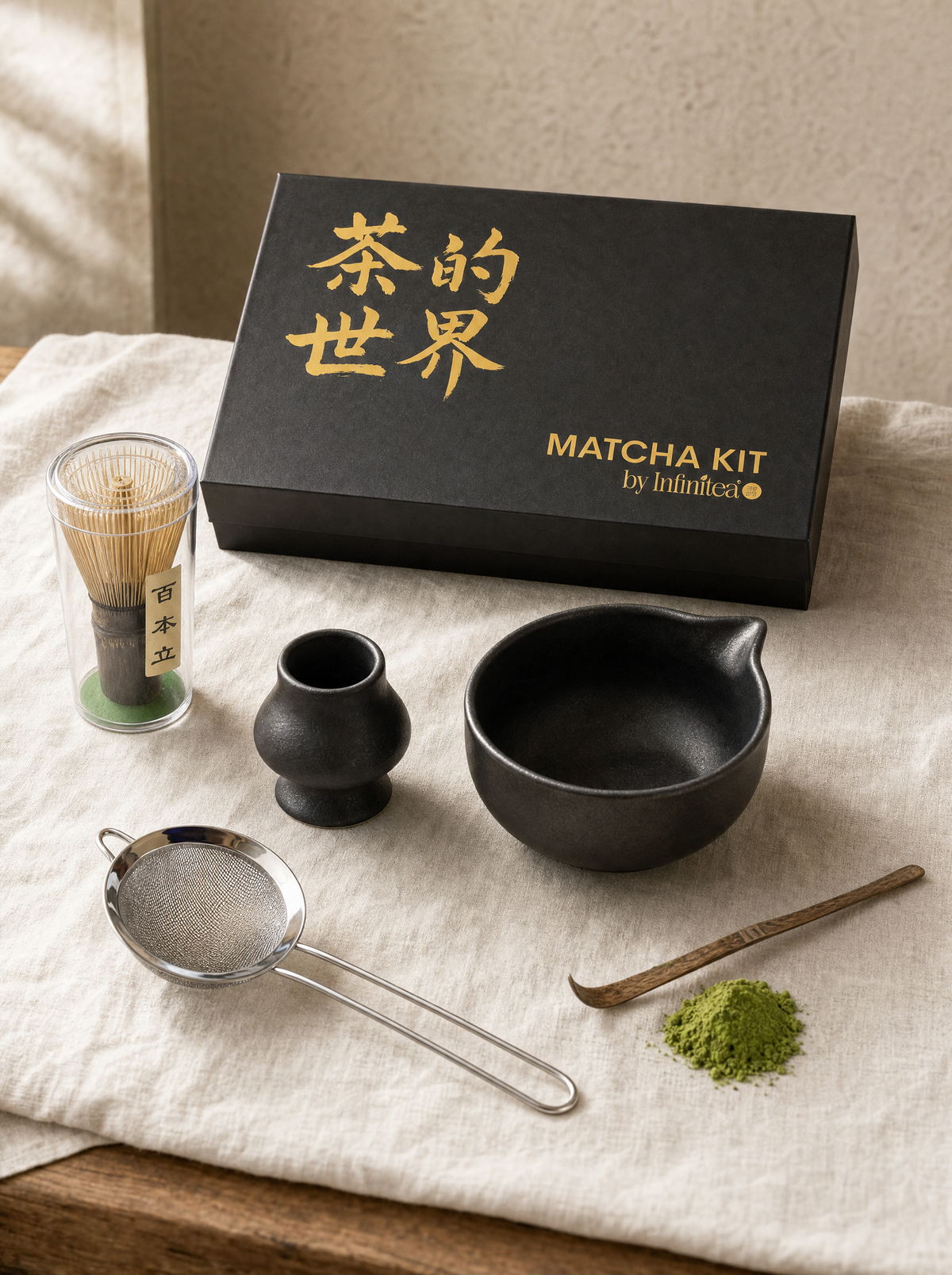 Kit matcha 5 piezas Infinitea con bowl chasen chashaku base y colador — vista 1