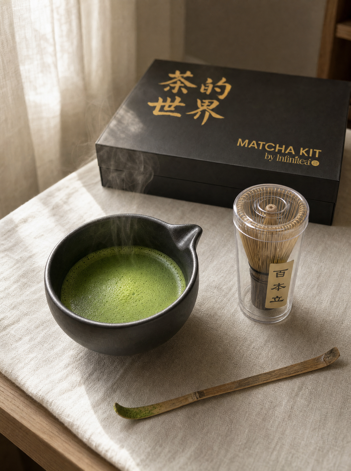 Kit matcha 5 piezas Infinitea con bowl chasen chashaku base y colador — vista 2