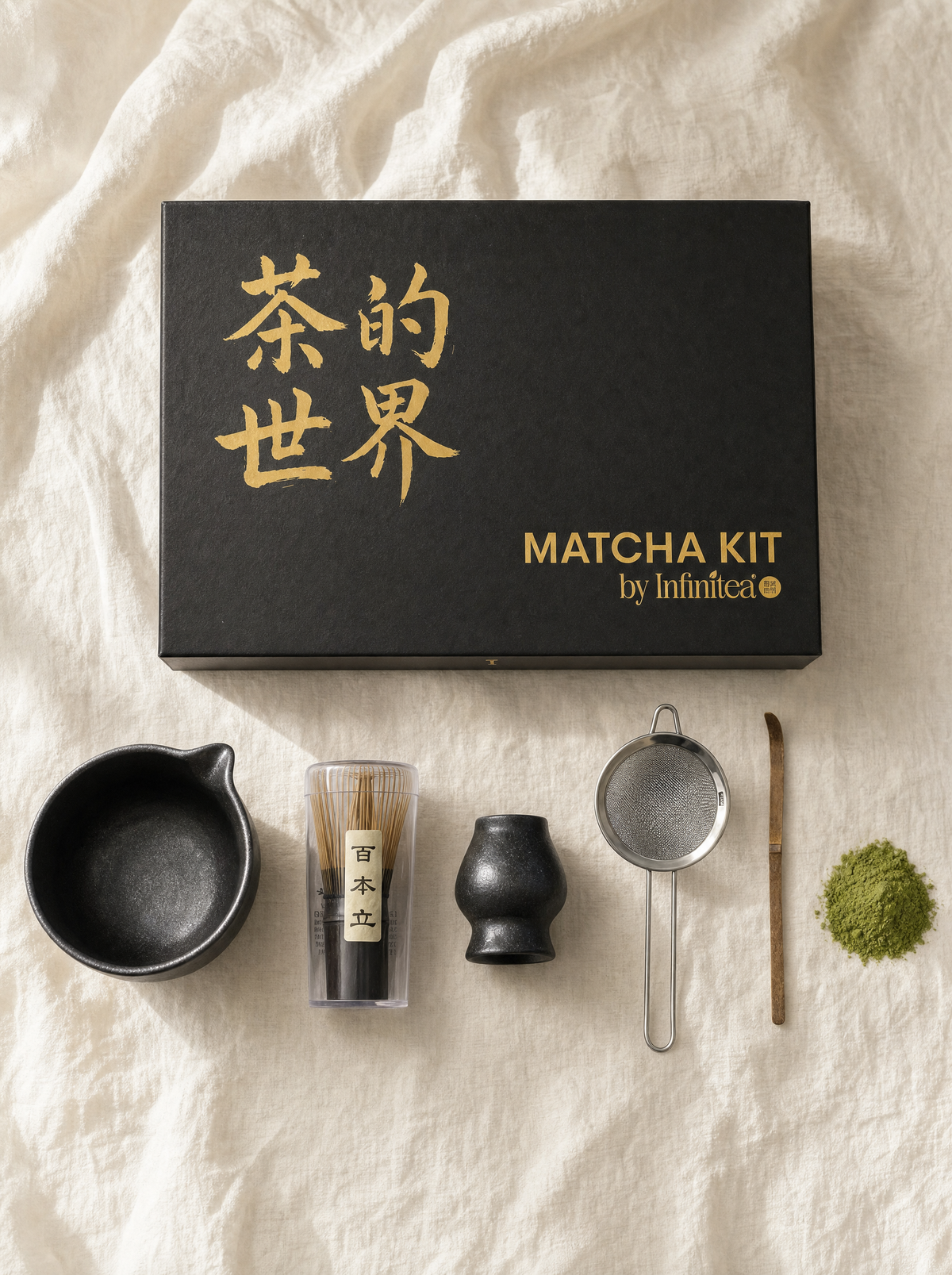 Kit matcha 5 piezas Infinitea con bowl chasen chashaku base y colador — vista 3