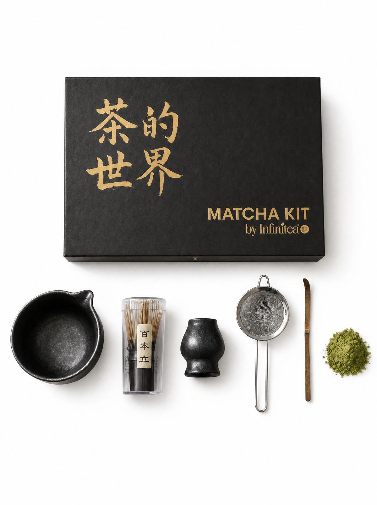 Kit matcha 5 piezas Infinitea con bowl chasen chashaku base y colador — vista 5