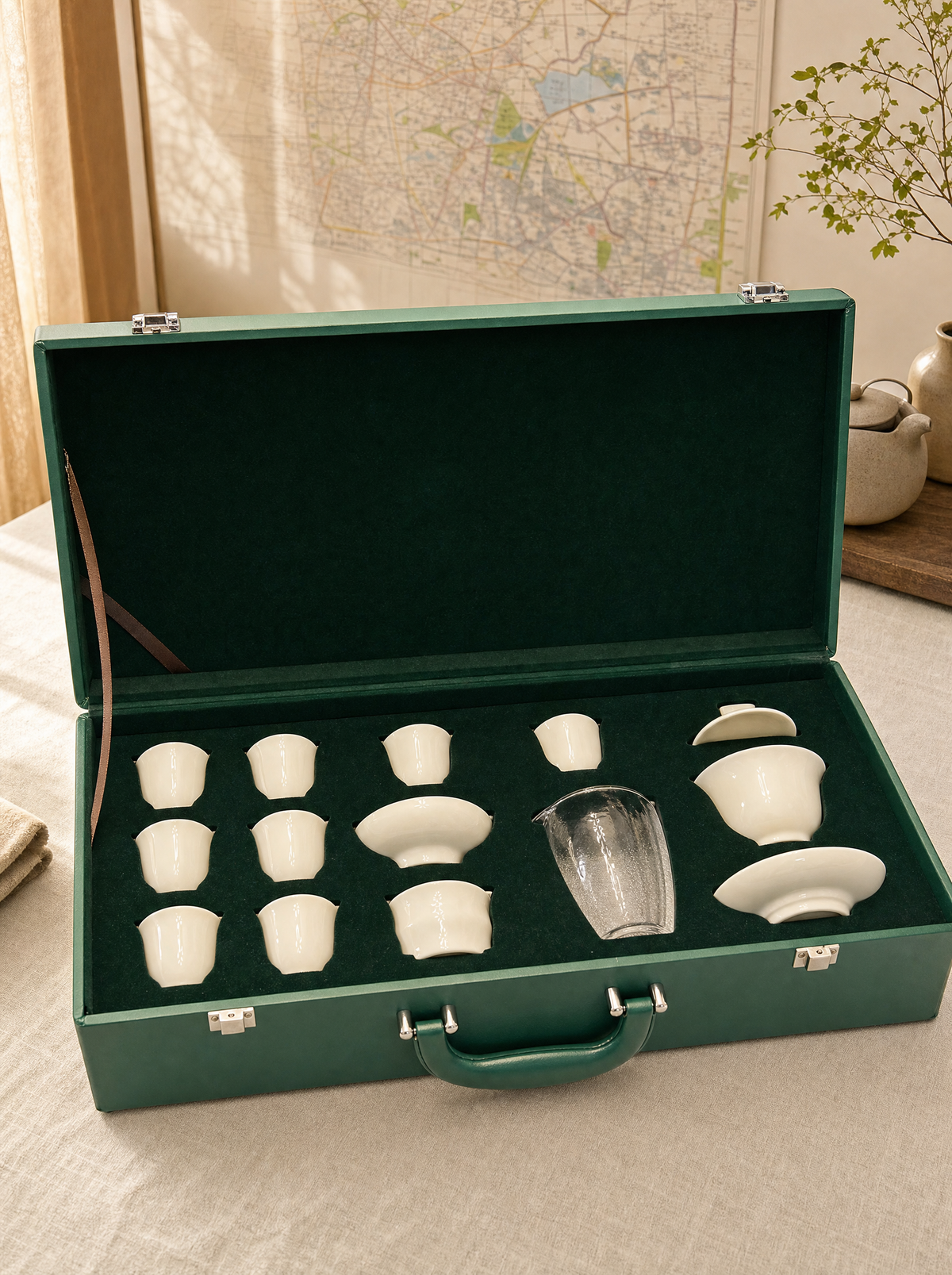 Set premium gongfu 14 piezas en maletín verde Infinitea — vista 2