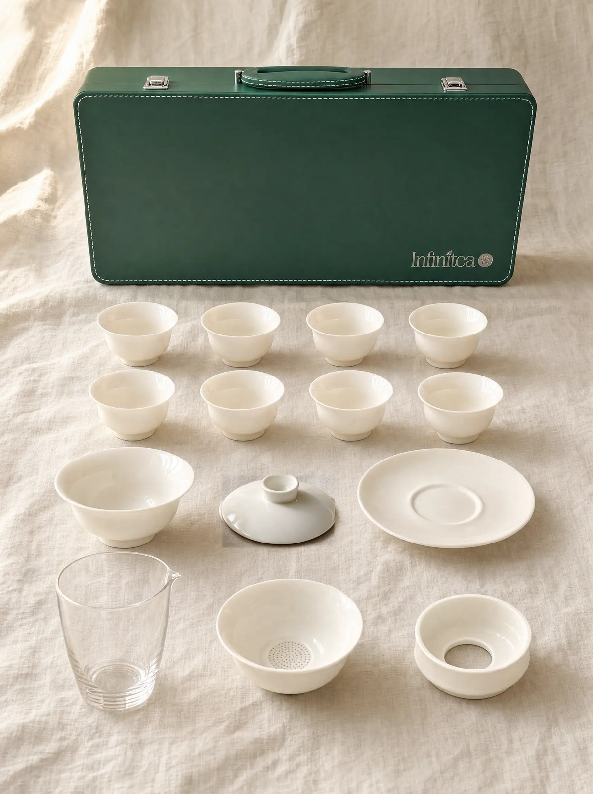 Set premium gongfu 14 piezas en maletín verde Infinitea — vista 4